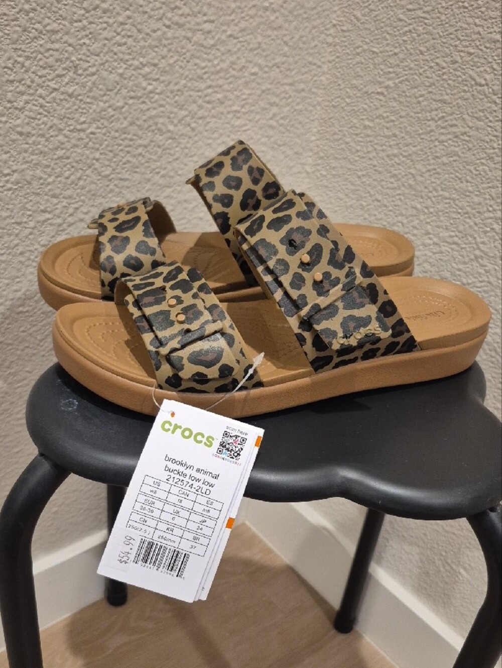 CROCS Leopard Print Dual-Strap Sandals in Tan and Black - Picture 3 of 8